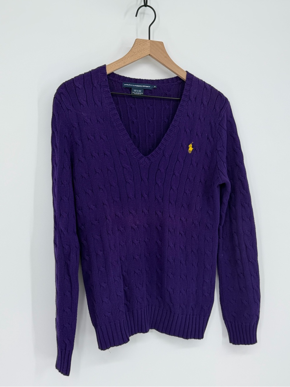 Ralph Lauren Sport Purple Cable Knit V-Neck Sweater Women’s Medium - Picture 2 of 8